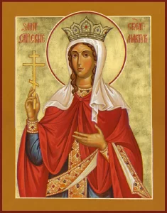 An icon of St. Katherine the Great Martyr holding a 3 bar cross.