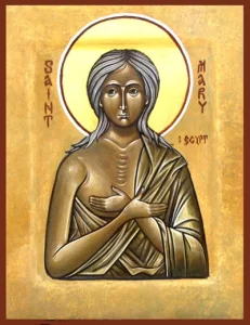 An icon of St. Mary of Egypt holding her hands across her chest.