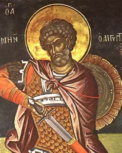 An icon of St. Menas holding a sword.