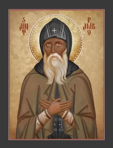An icon of St. Pambo holding his hands across his chest.