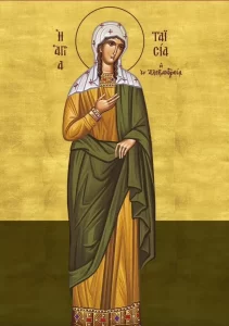 An icon of St. Thais with her hand raised.
